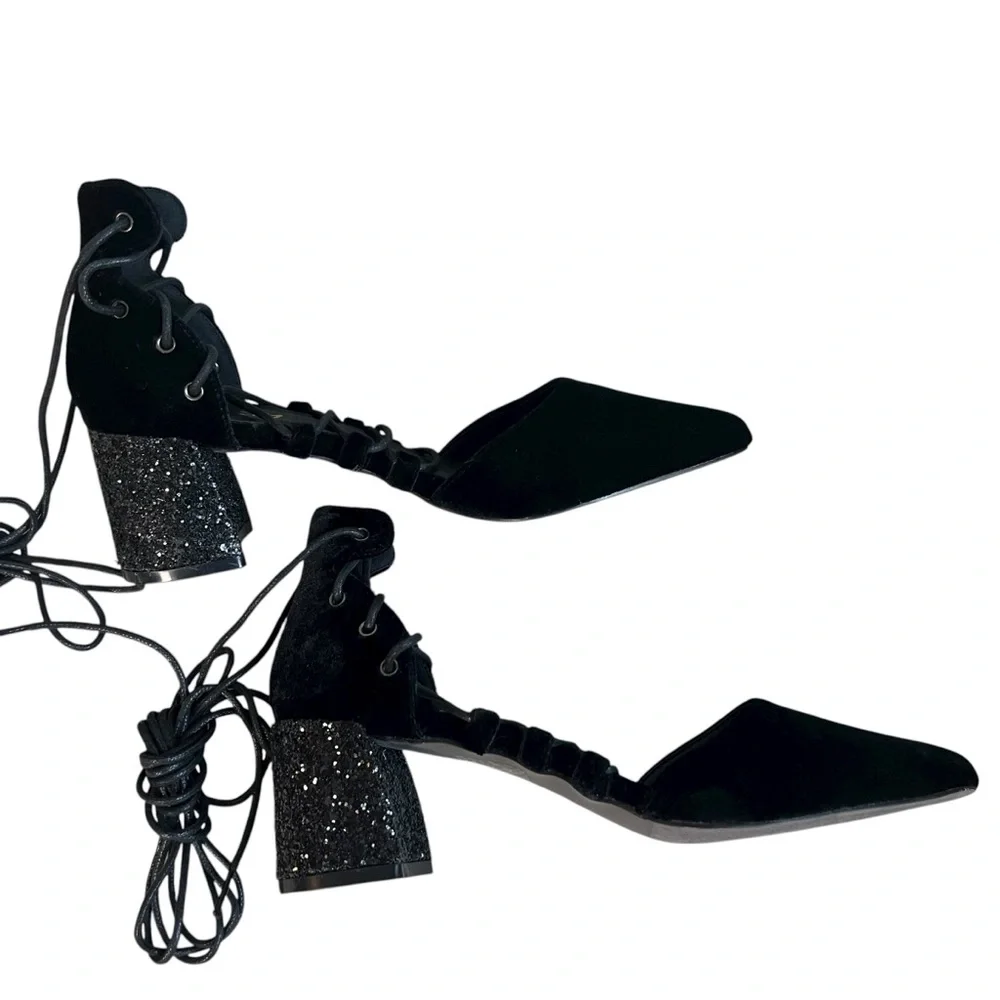 Mi.iM Black Velvet Block Glitter Heel Strappy Lace Up Shoes Pointed Toe Size 8.5